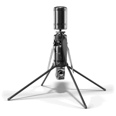 Compact drone with tripod stand.